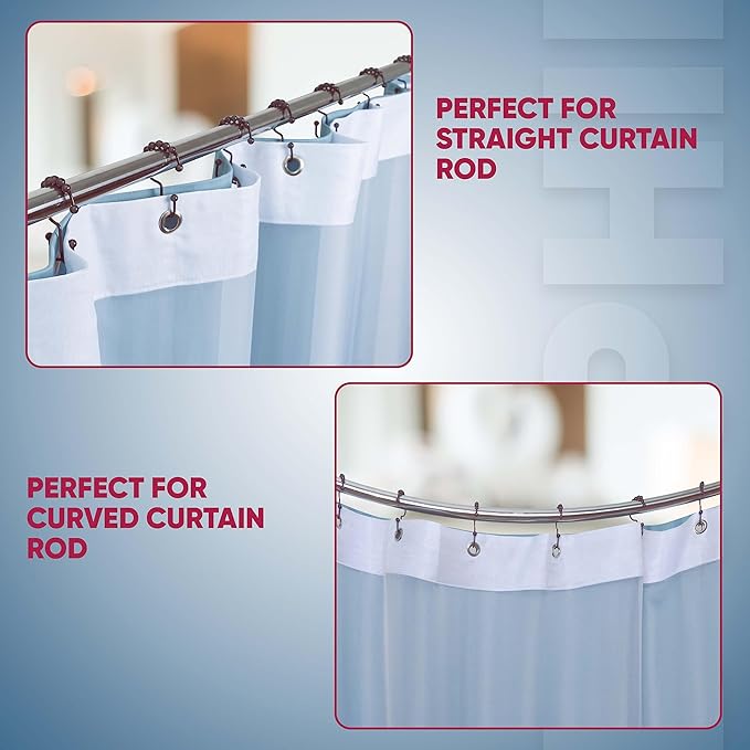 Shower Curtain Hooks Rust Proof (Set of 12) - Stainless Steel Shower Curtain Rings - Anti Slip Roller Balls for Easy Glide (Double Anchor Hooks, Bronze)