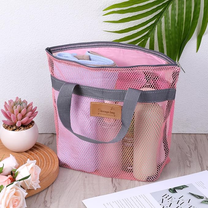 KALIONE Mesh Shower Caddy Bag, Portable Gym Shower Bag, Quick Dry Hanging Toiletry and Bath Organizer with Zipper for College Dorm, Gym, Yoga, Swimming Pool, Travel(Pink)