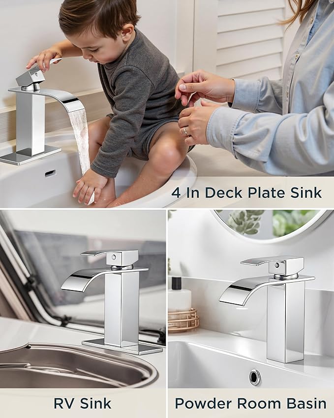 FORIOUS Chrome Waterfall Bathroom Faucets 1 or 3 Hole, Vanity Single Bathroom Sink Faucet with cUPC Supply Line and Pop Up Drain, Suitable for Basin, Rv, Restroom Sink
