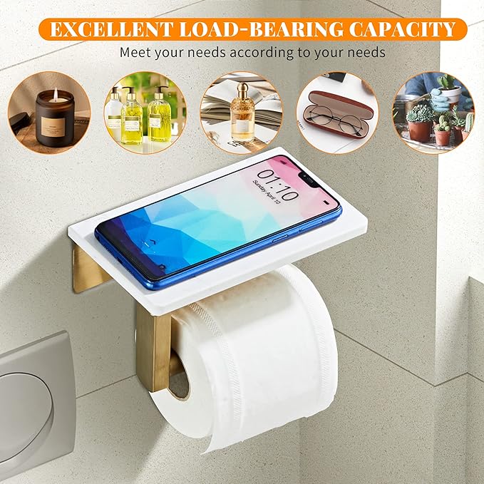 Brushed Gold Toilet Paper Holder with Shelf, 304 Stainless Steel Screw Wall Mounted, Marble Tissue Roll Holder with Storage