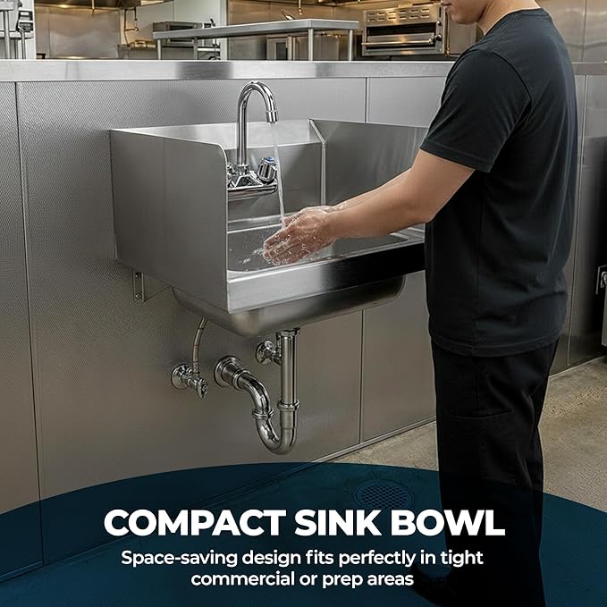 15" x 17" Stainless Steel Wall Mount Hand Sink with Gooseneck Faucet & Side Splash – NSF Certified Commercial Handwashing Basin