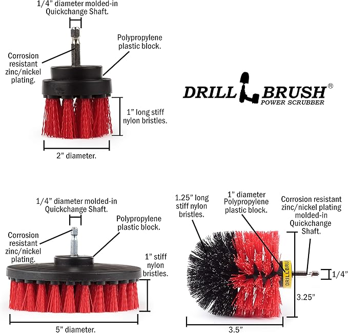 Outdoor Cleaning Supplies - Red Stiff Nylon Bristle Outdoor Scrubbing Kit - Fountain Scrub Brush - Concrete Scrubber Brush - Stone Stain Cleaning Tools - Brick Brushes - Patio Scrubber - Clean Deck