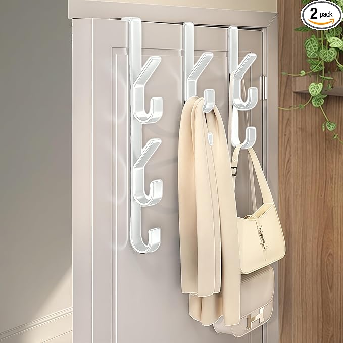 Over The Door Hooks, Door Hanger Hooks for Hanging Space Saving 5-Hook Organizer for Bathroom Apartment, Carbon Steel No Drill Hanger, Back of Door for Hanging Towel Rack, Clothes, Hat (3, White)