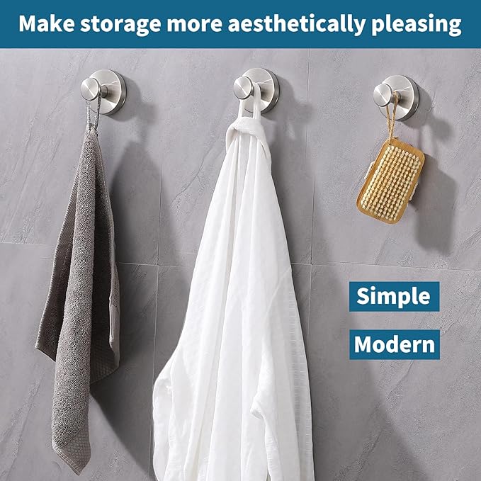 Suction Cup Hooks for Shower 2 Pack Stainless Steel No Drill Removable Waterproof Rustproof for Bathroom Kitchen Glass Mirror Tile to Hang Towels Robes Loofah Wreath (Brushed Silver)