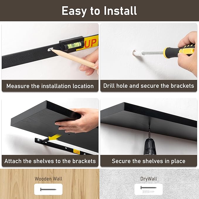 Fun Memories 72 Inch Floating Shelves for Wall 8 Inch Deep Black Shelves Set of 2, Wall Mounted Rustic Wood Long Floating Shelf, Large Display & Storage Shelf with Invisible Brackets