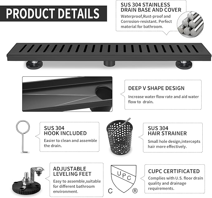 Linear Shower Drain 24 inch, Floor Drain with Removable Pattern Grate, 304 Stainless Steel Rectangular Linear Drain with Hair Strainer, CUPC Certified, Matte Black, SD-104