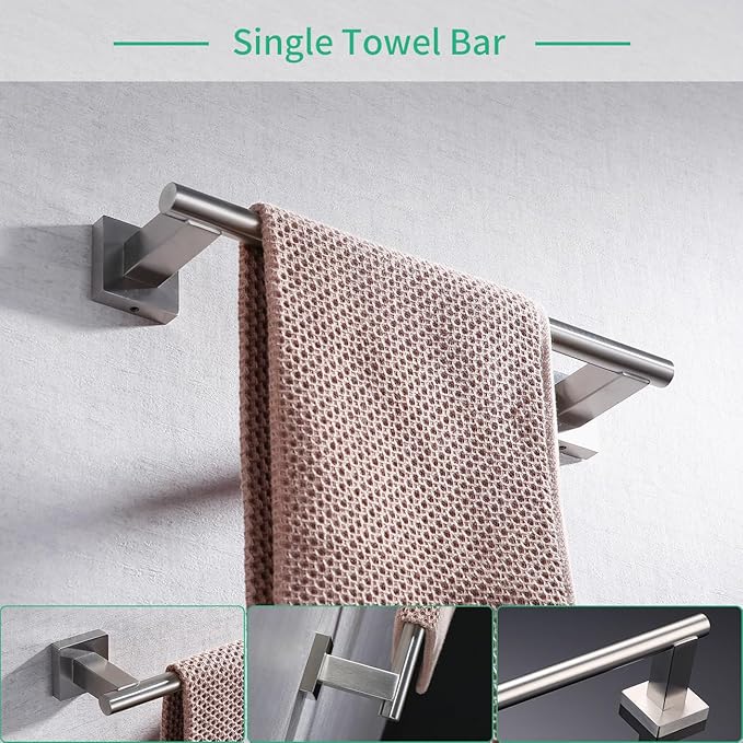 Miyili Bathroom Accessories Set 4-Piece Bath Hardware Kit Brushed Stainless Steel Wall Mount - Includes Double Towel Bar, Hand Towel Rack, Toilet Paper Holder, Robe Hook, BS02N4