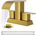 FORIOUS 4 Inch Centerset Brushed Gold Bathroom Faucet, 2 or 3 Hole Waterfall Square Bathroom Sink Faucet with Metal Pop-up Drain and Supply Lines, Two Handles for Vanity, Lavatory Room,Pedestal