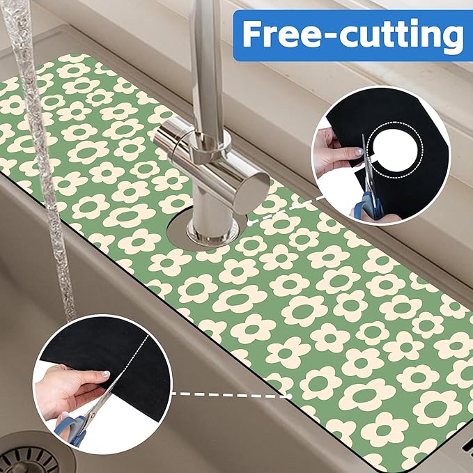 Vintage Groovy Flowers Sink Faucet Absorbing Mat Splash Guard Behind Faucet Sink Mat Absorbent Fast Drying Faucet Draining Mat for Bathroom Kitchen 5.5"×24"