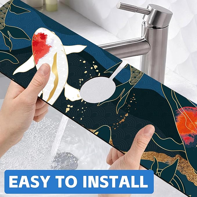 Oriental Japanese Koi Fish Sink Faucet Absorbing Mat Sink Splash Guard Faucet Mat Draining Mat Fast Drying Sink Protectors for Kitchen and Bathroom 5.5"×24"