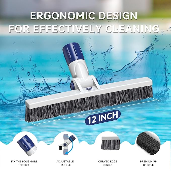 12" Pool Brush Head Cleaning Pool Wall &Waterline Tiles & Steps, Premium PP Bristles Pool Scrub Brushes for Small Inground Pools & Above-Ground Pools Spa Bathroom Hot Tub Fit Standard Pool Pole