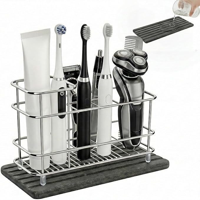 Toothbrush Holder for Bathroom Countertop, Stainless Steel Electric Toothbrush Organizer with Quick-Drying Diatomite Stone Mat, Rustproof Vanity Caddy for Toothpaste and Razors, Grey