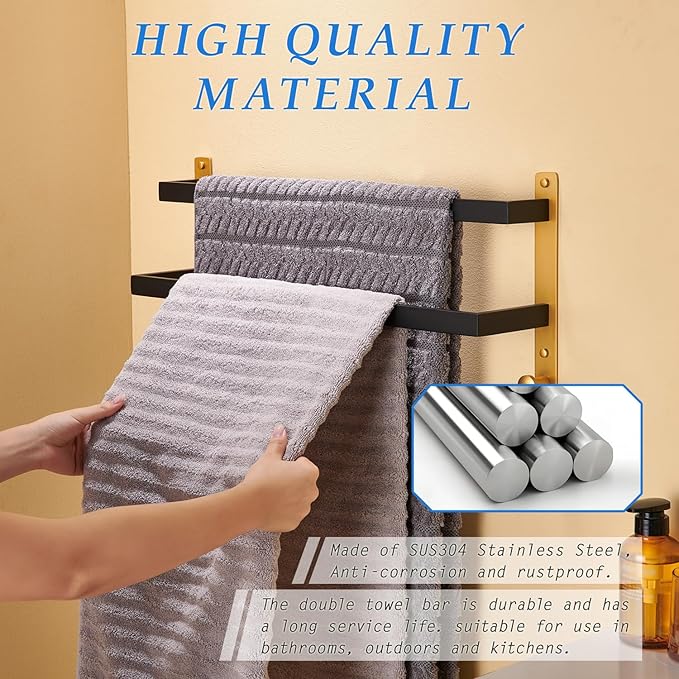 24 Inch Double Towel Bar with Hooks Black & Gold, Wall Mounted Towel Holder for Kitchen Bathroom, Stainless Steel Towel Rack
