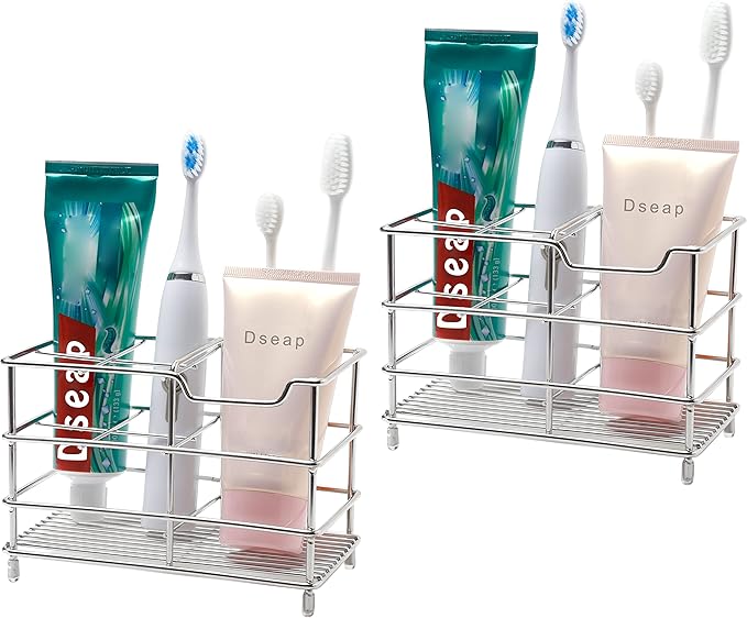 Dseap Toothbrush Holder, Electric Toothbrush Holder - Stainless Steel Tooth Brush Holders, Toothpaste Holder Organizer Stand Caddy for Bathroom, Silver, 2Packs