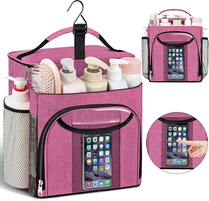 Attmu Mesh Shower Caddy Portable for Dorm College Essentials, Large Capacity Separate Compartment Hanging Toiletry Bag for College Student Camping Gym Travel Essentials (Pink)