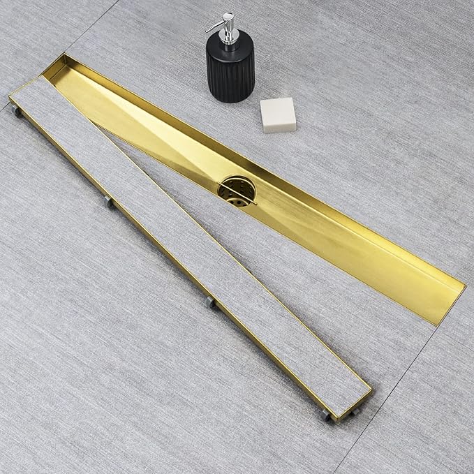 SaniteModar Linear Shower Drain, Gold Shower Drain 60 inch with 2 in 1 Tile Insert Panel, AISI 304 Stainless Steel Shower Floor Gold Drain woth Hair Catcher and Leveling Feet