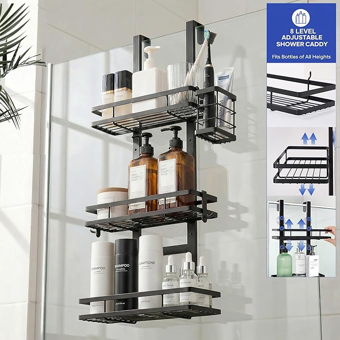 Over the Door Shower Caddy Hanging, Rustproof Shower Shelves with Waterproof Phone Pouch, 3-Tier Adjustable Bathroom Organizers and Storage, No Drilling Shower Shelf, Black Shampoo Soap Holder