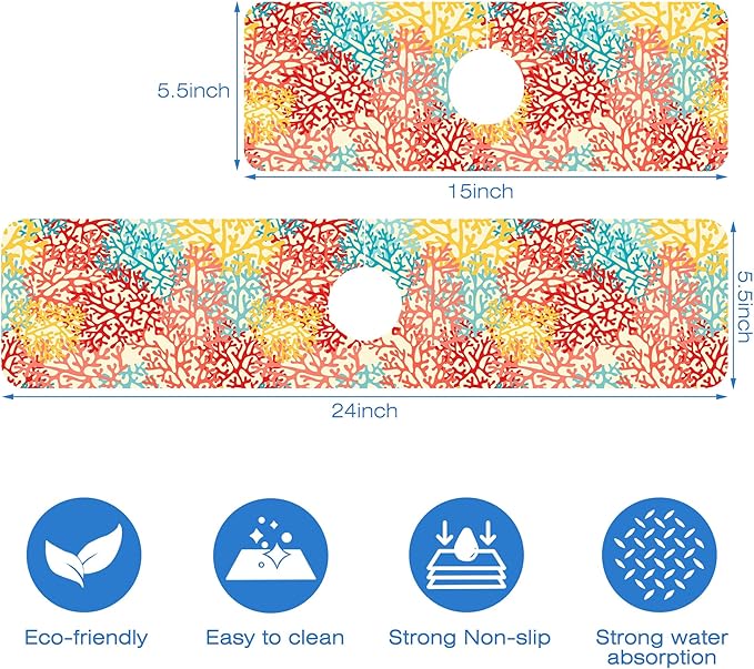 Colorful Sea Corals Dish Drying Mat for Kitchen Sink Splash Guard Behind Faucet Sink Mat Absorbent Fast Drying Faucet Draining Mat for Bathroom Kitchen 5.5"×24"