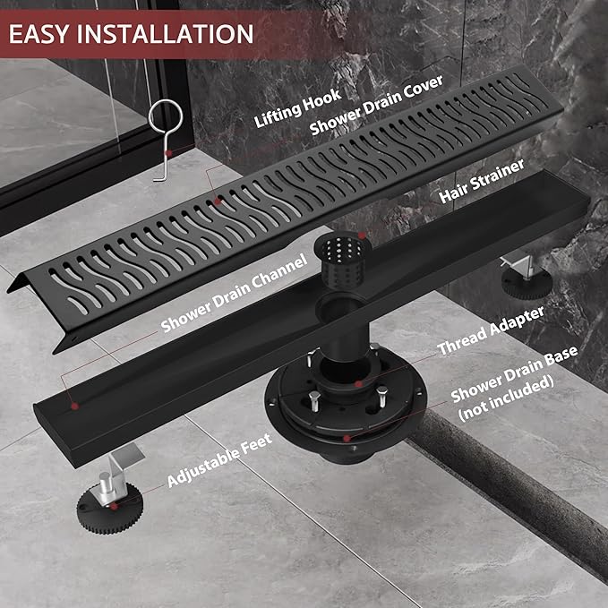48 Inch Linear Shower Drain, Matte Black Shower Drain, Removable Grate, 304 Stainless Steel, Easy to Install and Clean for Bathrooms (Drain Base Not Included), LSD-51A-48B