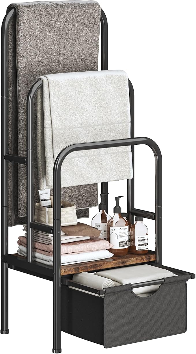 FreeStanding Towel Rack for Bathroom & Blanket Holder, 3-Tier Towel Drying Rack, 15.6" L x 11.8" W x 41.7" H, Blanket Ladder for Bedroom/Living Room,Rustic Brown