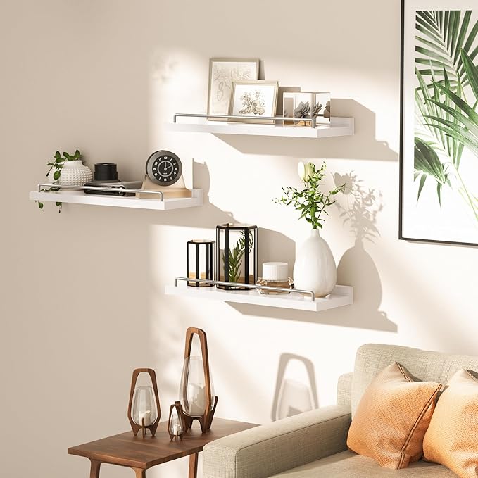 Floating Shelves for Wall Decor, White and Grey Shelves for Bathroom, Living Room, Bedroom, Picture Frames, Plants, Kitchen (Set of 3)