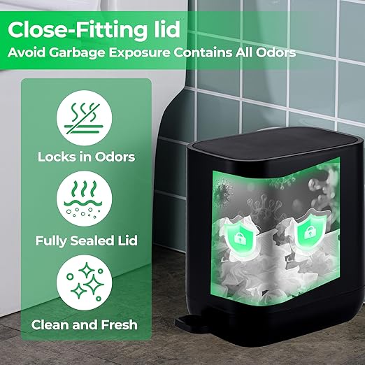 1.85 Gallons 7 Liters Slim Small Kitchen Trash Can with Lid Soft Close Dust Bin Step Pedal Garbage Waste Home Bathroom Office ABS Smooth Washable Cubo de Basura Cocina Black