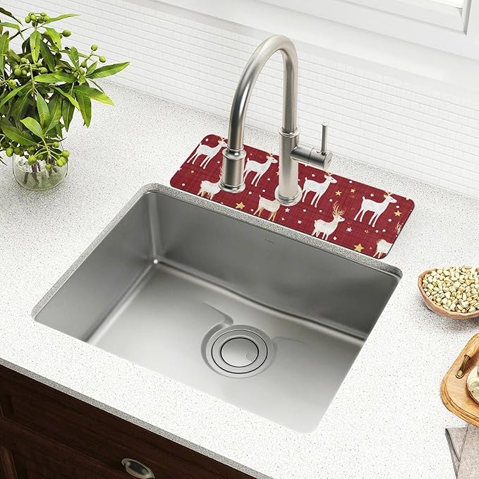 Kitchen Sink Splash Guard 1 PC 14.7 Inch Sink Faucet Mat Splash Guard for Bathroom Countertop Water Absorbent Foldable Cuttable Soft Washable Red Christmas Reindeer Star Dots