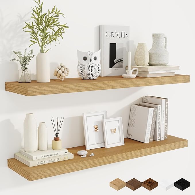 Fun Memories 40 Inch Deep Floating Shelves for Wall, 2 Pack of Wall Mounted Wood Shelves with Invisible Brackets for Bathroom, Bedroom, Kitchen Decor and Storage, Oak