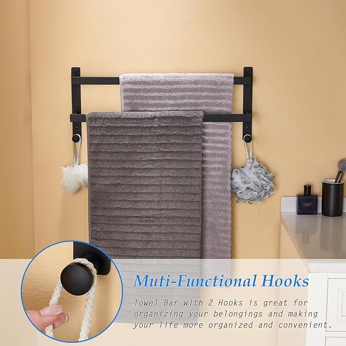 24 Inch Double Towel Bar with Hooks Matte Black, Stainless Steel Bath Shower Towel Rack Wall Mounted Towel Rod Holder for Bathroom