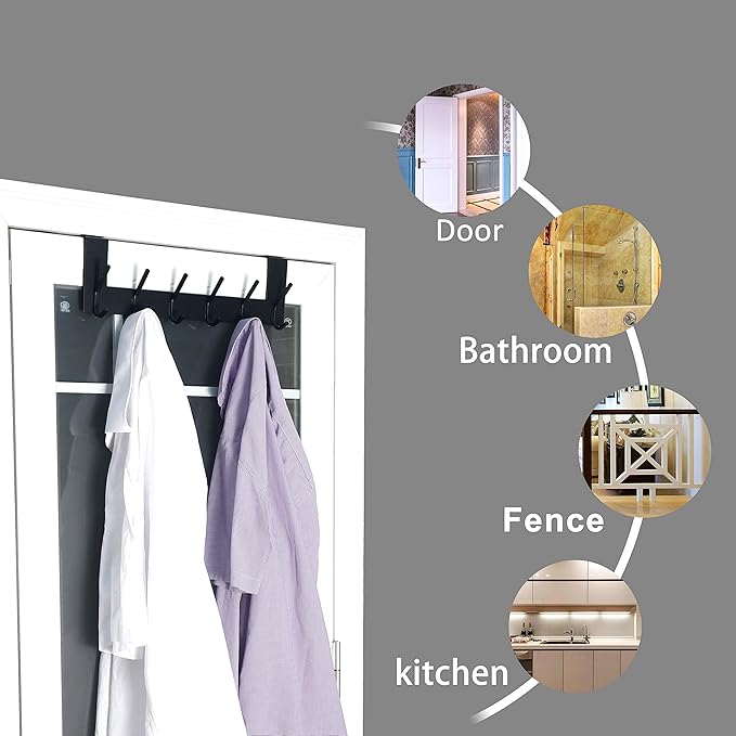 Dseap Over The Door Hook Hanger - 6 Hooks Over Door Coat Rack for Hanging Clothes Hat Towel, Black, 2 Packs