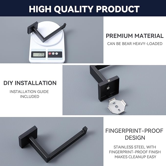 LANC Black Toilet Paper Holder, Bathroom Toilet Paper Roll Holder Wall Mounted for Bathroom Kitchen, Modern Matte Black TP Holder Dispenser Hangers Square SUS304 Stainless Steel, A8807MB