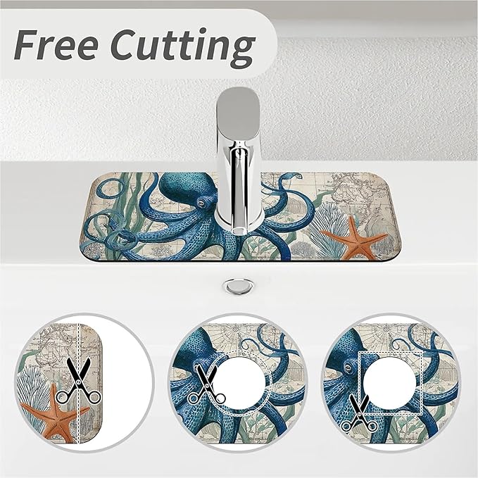 Kitchen Sink Splash Guard，Blue-octopus Faucet Mat Sink Gadgets-Super Absorbent Fast Drying Mat Drip Catcher for Kitchen, Bathroom,Sink Mat, Dish Drying Mat, Bathroom(15" X 5.5" )