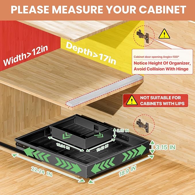 1 Pack Pull out Cabinet Organizer, Width (12"-19") Depth (17"-23"), with 3 Rails Adjustable Slide, Expandable Pullout Drawers for Cabinets, No Drill Adhesive Kitchen Drawers for Pantry Shelves