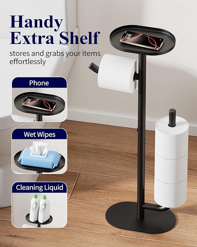 Kitsure Toilet Paper Holder Stand - Spacious Toilet Paper Storage for 4 Rolls, Rustproof Bathroom Organizers and Storage with Shelf for Phone & Small Items, 9.1"×5.8"×27.6", Black