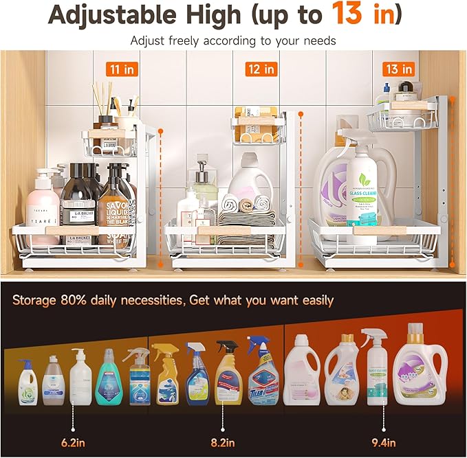 2 Packs Under Sink Organizer, Height Adjustable 2 Tier Under Kitchen sink organizer, Multi-Purpose Storage Shelf for Kitchen Bathroom Cabinet (White)