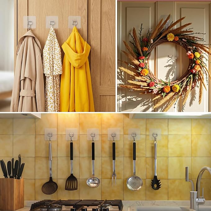 Large Adhesive Hooks 12-Pack, Heavy Duty Wall Hooks for Bathroom, Kitchen, Outdoor, Strong Self-Adhesive Towel & Coat Hooks, Waterproof Transparent Utility Hooks for Home Improvement