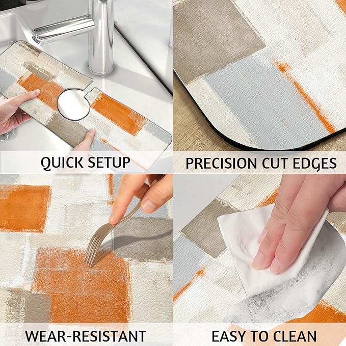 MCALK Orange Kitchen Sink Faucet Mat Splash Guard, Absorbent Quick-Dry Kitchen Sink Mat - Ideal for Splash Guard & Drip Catching with Abstract Art Decor( 1pc 15"x5.5")