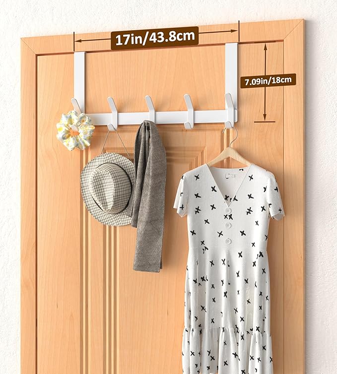 Over The Door Hooks Hanger with 7" Arms for Hanging, J7U, Perfectly Fits US Standard 1 3/8-inch Doors, Towel Rack Bathroom Organizer Holder, White