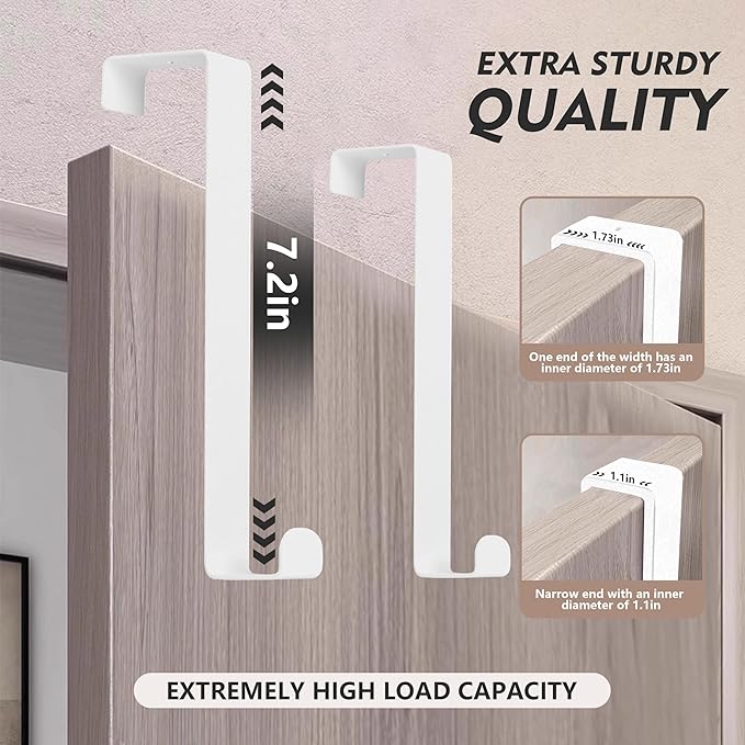 Over The Door Hooks, 2-Pack Heavy Duty Towel Rack Hanger for Bathroom, Bedroom, Dorm Room, Fixed Door Hooks for Hanging Robe, Coat, Towel, Organizer (White)