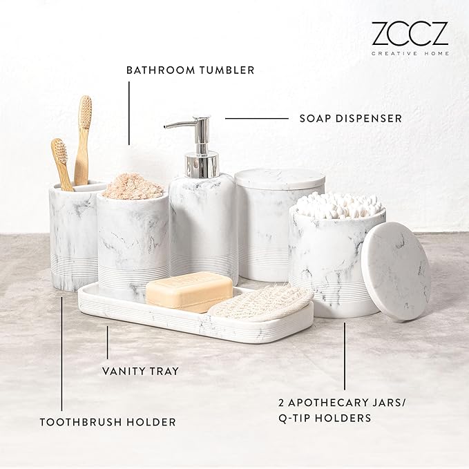 ZCCZ White Marble Bathroom Accessories Set 6 Pieces - Toothbrush Holder, Lotion Dispenser, Qtip Container, Vanity Tray, Tumbler - Countertop Organizer for Bathrooms - Elegant and Functional Décor Set
