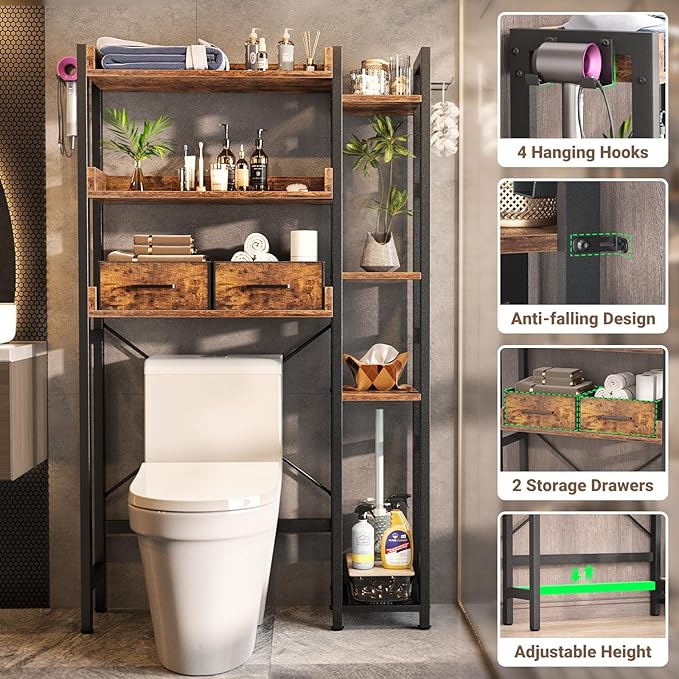 Over The Toilet Storage with 2 Drawers - 7 Tier Bathroom Organizer with Adjustable Shelf, Freestanding Space Saver Storage Rack Above Toilet Stand with 4 Hooks for Restroom, Laundry, Rustic Brown