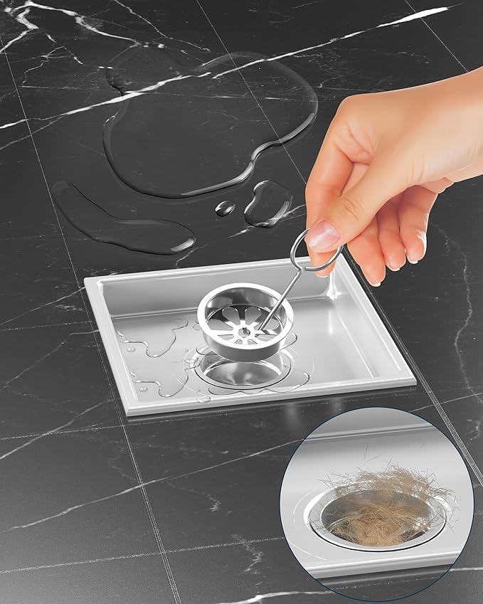 6 Inch Square Shower Drain with Flange Reversible 2-in-1 Cover Tile Insert Grate SUS 304 Stainless Steel, Hair Catcher, Anti-Clog, Rust-Resistant, Fast Drainage (Brushed)