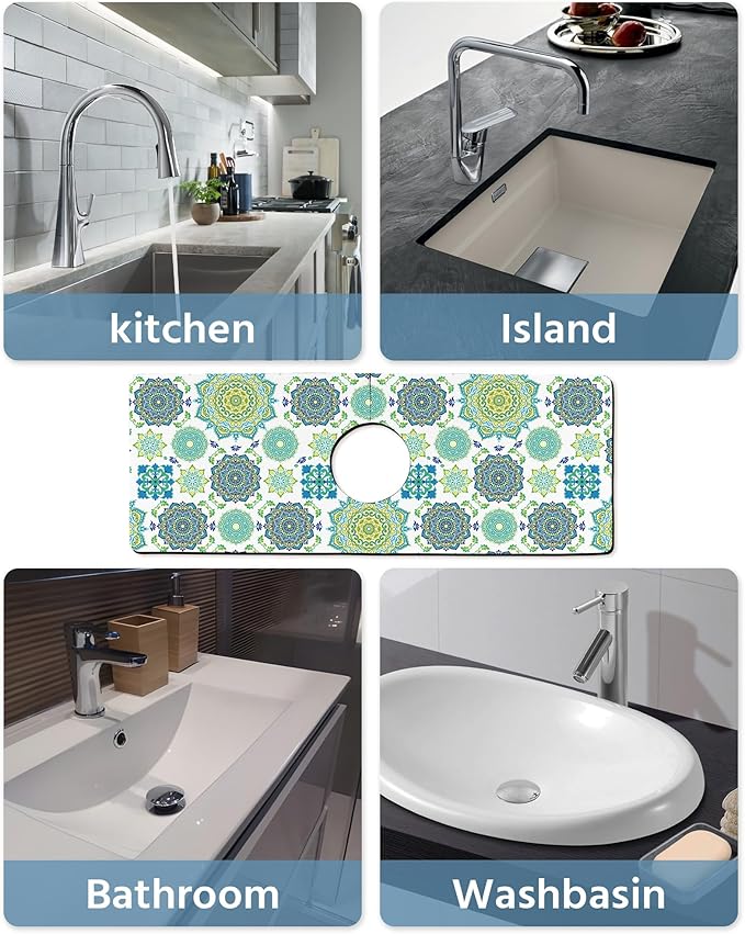 Patterned Sink Faucet Mat Kitchen Splash Guard Super Absorbent Drying Mat, Non-Slip Drain Pad for Kitchen Counter or Bathroom-15x5.5in