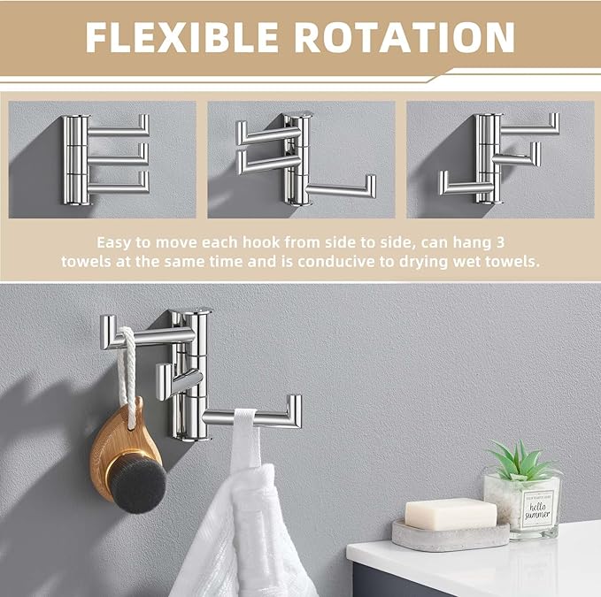Suyar Bathroom Towel Hook Polished Chrome, SUS 304 Stainless Steel Swivel Robe Hook with 3 Arms, Towel Hanger Wall Mounted