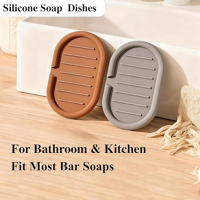 Self-Draining Oval-Shaped Silicone Soap Dish, Soap Holder/Tray/Saver for Shower, Bathroom, Kitchen, Keep Soap Dry, Easy to Clean (2, Dark Color)