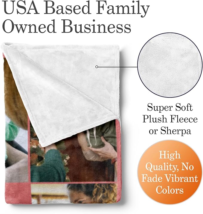 Ships Next Day, Custom Blanket with Picture and Text - Printed in USA, Personalized Photo Blanket with Text (Sherpa 50x60)