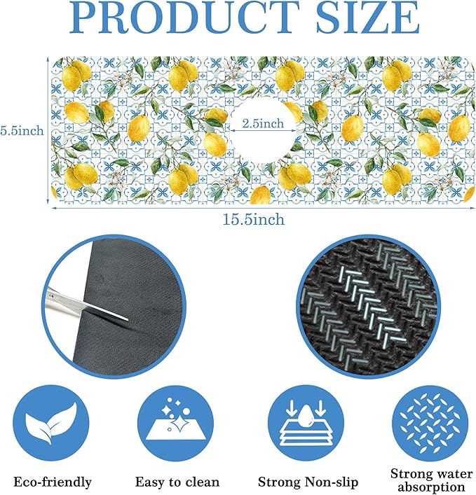 Faucet Mat for Kitchen Sink Sicilian Watercolor Lemon Blue Tile, Soft Diatom Mud Material, Strong Water Absorption, Non-slip, Easy to Clean for Bathroom, Kitchen 15"X5.5"