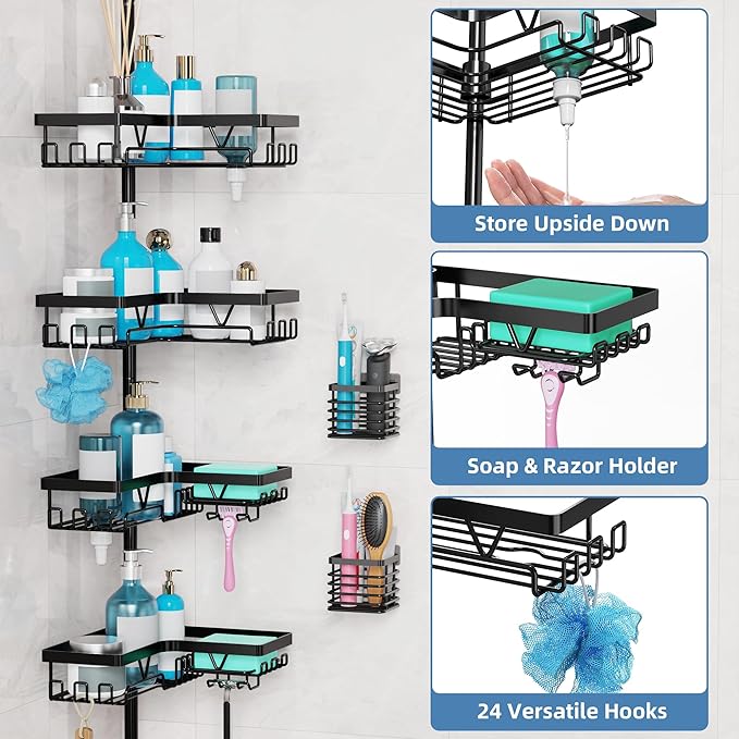 KEGII Set of 2 Wall Mount Toothbrush Holders with Tension Pole Shower Caddy, Rustproof Bathroom Organizer with Soap Holder & Hooks, 4 Adjustable Shower Shelves for Renters, 25-114.2 inch Black