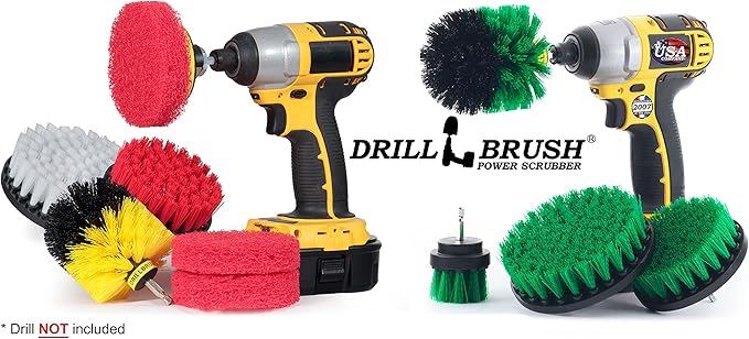 Drillbrush Variety & Medium Stiffness Green Kitchen Cleaning Kit - 7 Brushes & 3 Pads - Tile, Grout, Bathtub, Sinks & More - Nylon Bristles & Pads - 90 Day No Questions Asked Return