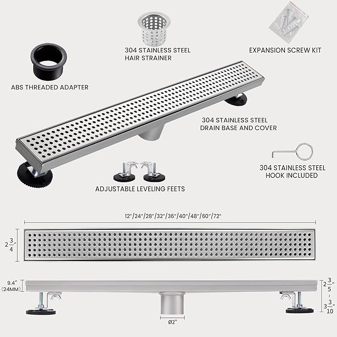 48 Inch Linear Shower Drain, Brushed Nickel Shower Drain, Removable Grate, 304 Stainless Steel, Easy to Install and Clean for Bathrooms (Drain Base Not Included), LSD-04A-48S